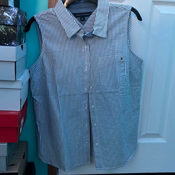 White and gray striped sleeveless button down